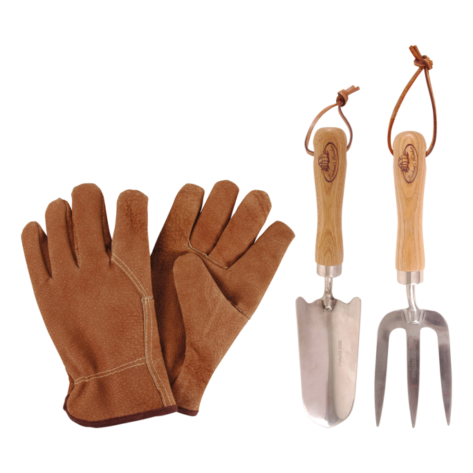 Комплект градински инструменти от неръждаема стомана Esschert Design - 3 части (ръкавици,лопатка,вилица)